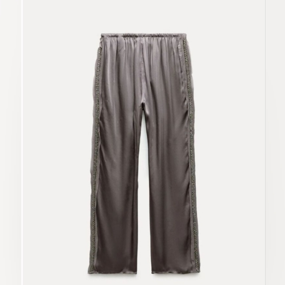 NWT Zara ZW COLLECTION EMBROIDERED SATIN EFFECT PANTS